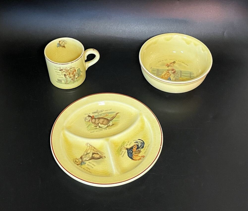 Vintage Roma Nursery Rhyme Child Dinnerware Set Plate Bowl Mug Yellow Pottery